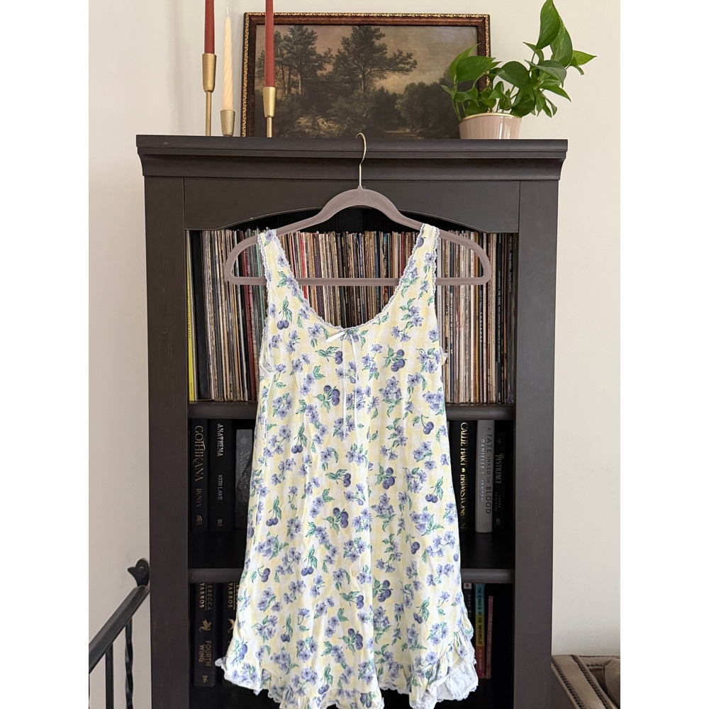 Vanity Fair Vintage Floral Cherry Gingham Nightgown S Yellow Lace Trim Chemise